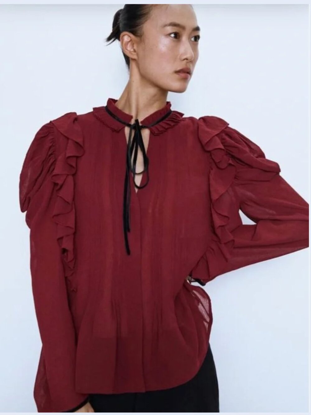 Zara Velvet Ribbon Ruffled Puff Long Sleeve Pleated Front Emo Button Shirt Top